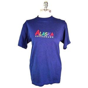 Anchorage Alaska Rainbow Embroidered Blue Short Sleeve T-Shirt Unisex Medium